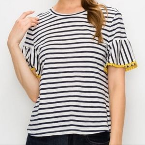 Striped Short Sleeve Top with Yellow Pom Trim